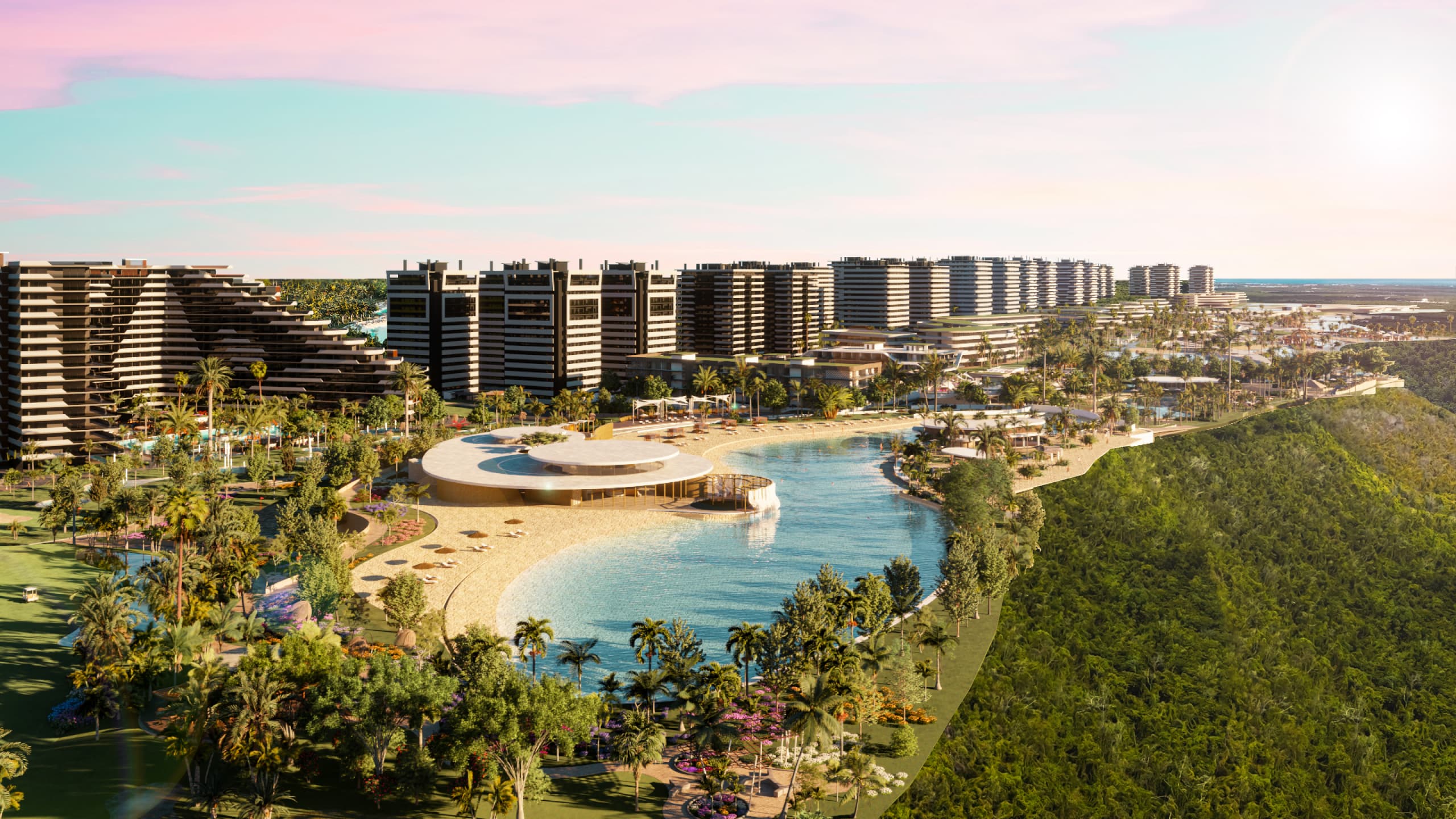 Vista aérea de Larimar City & Resort - playa artificial, beach club y torres residenciales en Punta Cana