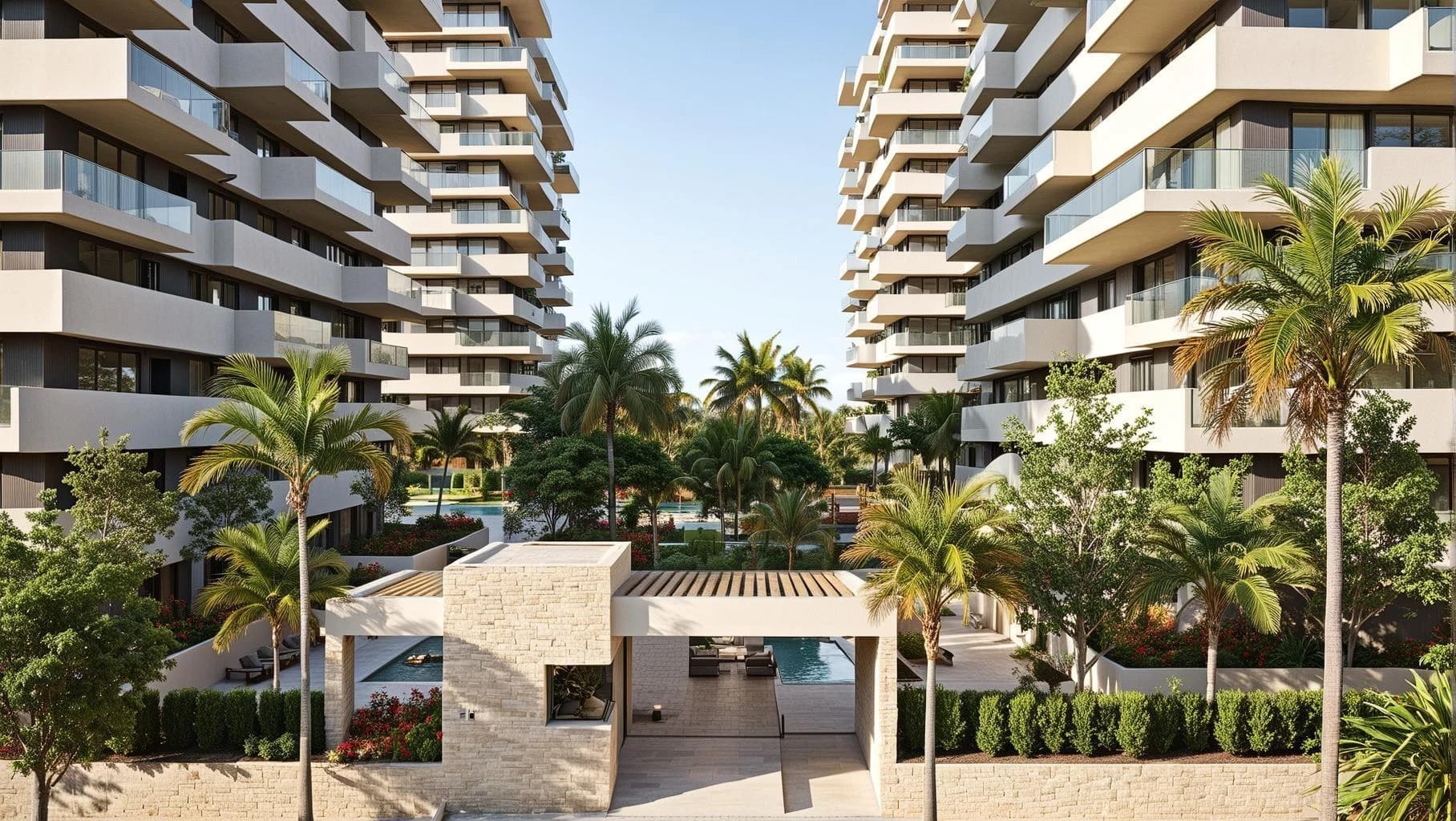Live Towers — render exterior con piscina central
